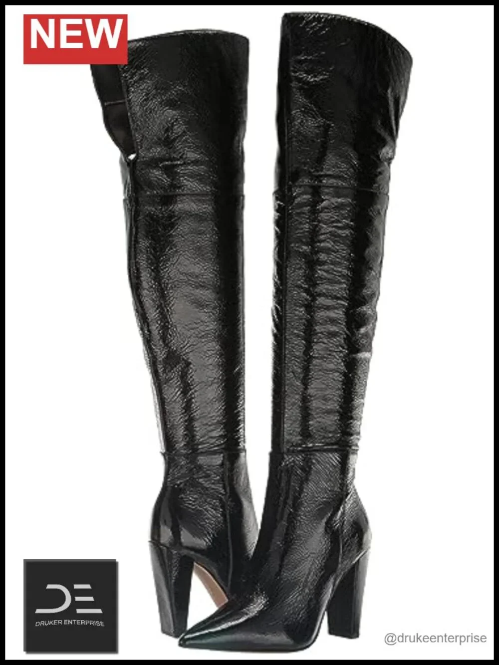 Leather Over-the-Knee Bootie with Zipper Closure Pointed Toe Flare Heel